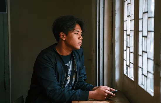 person staring out window